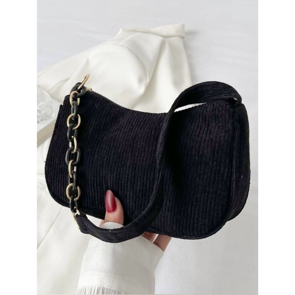 SHEIN Black Corduroy Small Shoulder Bag with Plastic Chain Accent